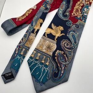 Montagu Silk Necktie Men Lion Griffin Medallion Paisley Blue Red